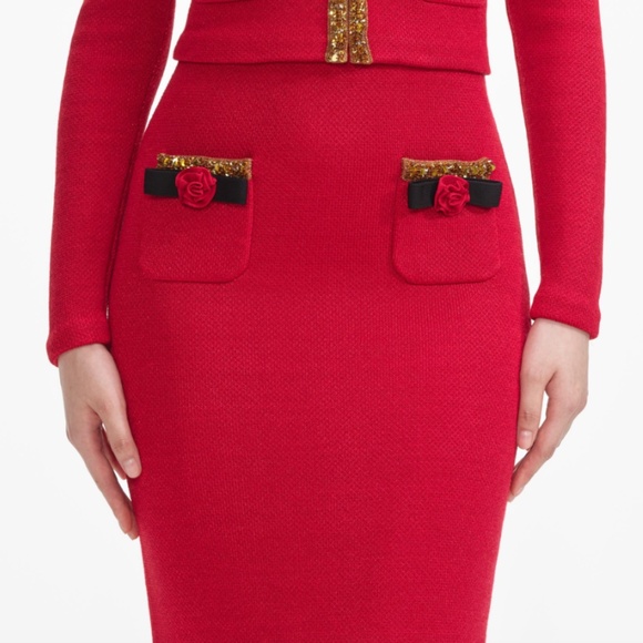 self-portrait Red Textured Knit Corsage Midi Skirt Size Small - MSRP $380 - NWT - Picture 5 of 8